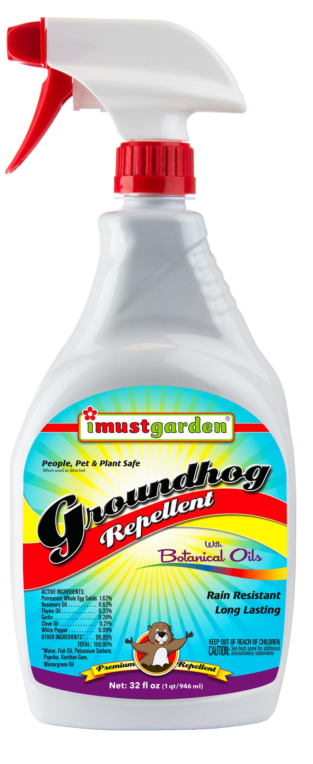 IMUSTGARDEN groundhog-repellent bottle spray deters wildlife nibbling on garden plants.