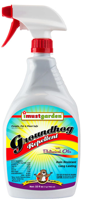 IMUSTGARDEN groundhog-repellent bottle spray deters wildlife nibbling on garden plants.
