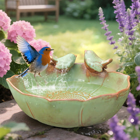 Inanil ceramic bird bath on the ground provides durable outdoor appeal and water for wildlife.