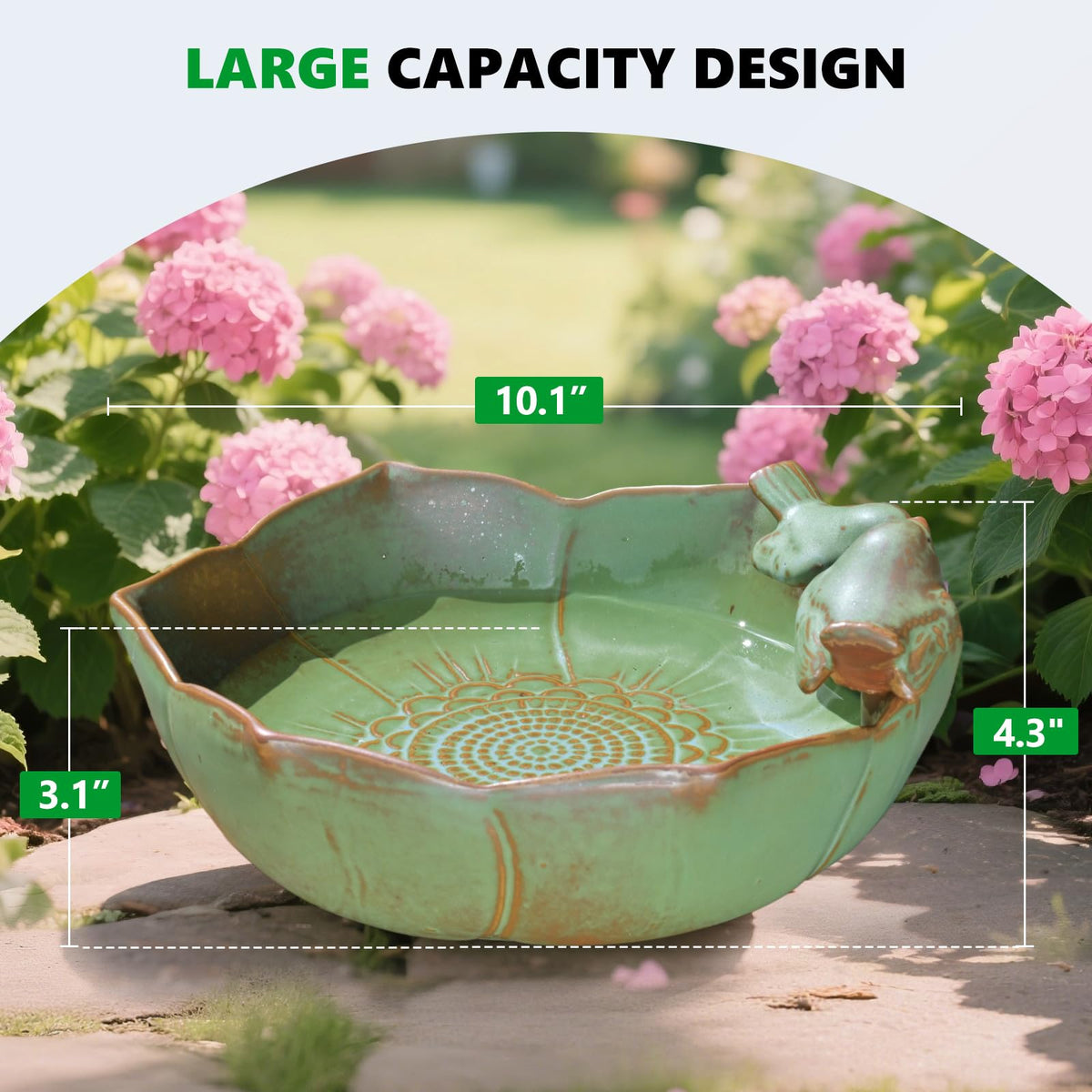 Inanil sage-green bird bath on tabletop invites small birds as a centerpiece.