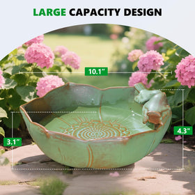 Inanil sage-green bird bath on tabletop invites small birds as a centerpiece.