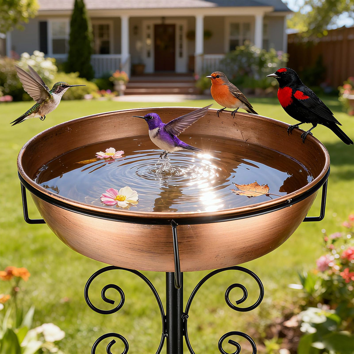 Inanil 3-inch deep basin bird bath invites birds and reduces refills.