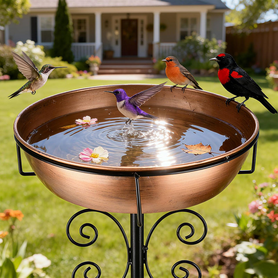 Inanil 3-inch deep basin bird bath invites birds and reduces refills.