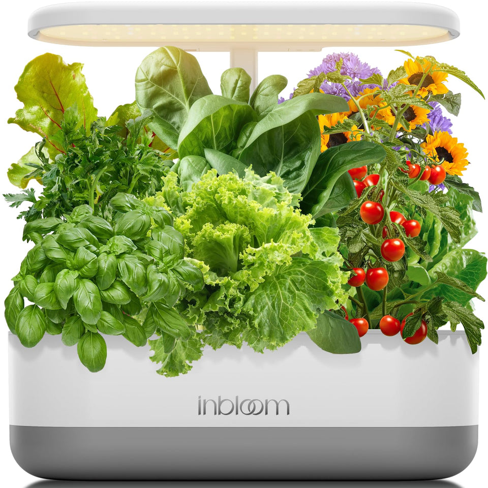 inBloom 12-pod hydroponics indoor garden with LED light for faster germination.