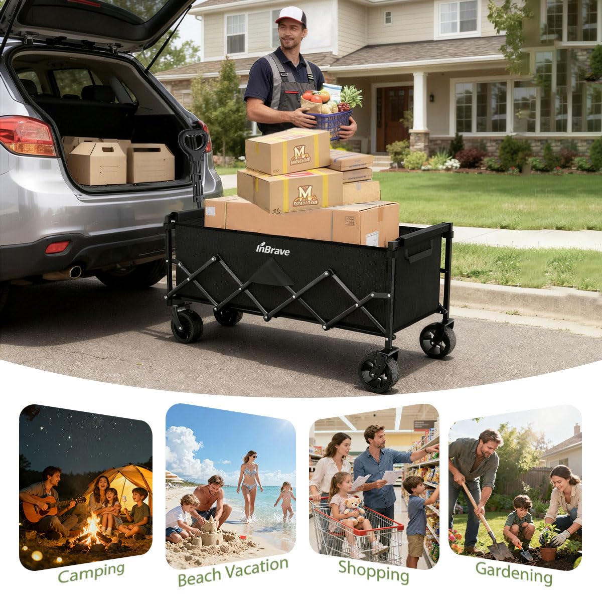 InBrave wagon features ergonomic, adjustable handle for comfortable pulling at any height.