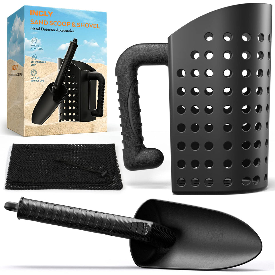 INCLY Sand Scoop & Shovel ready for beach treasure hunting on sunlit sand.