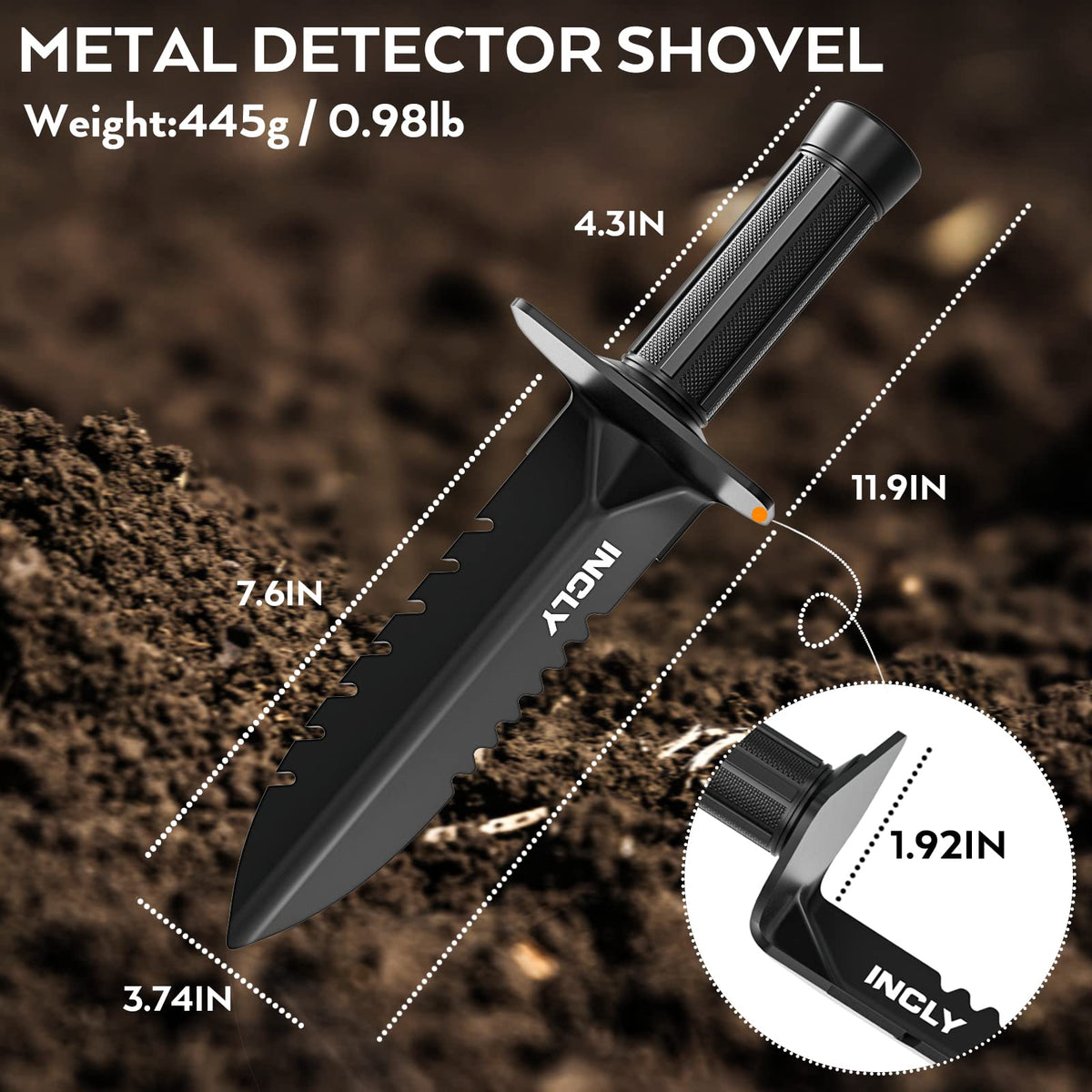 INCLY shovel with 6-inch measuring scale and concave blade for depth accuracy