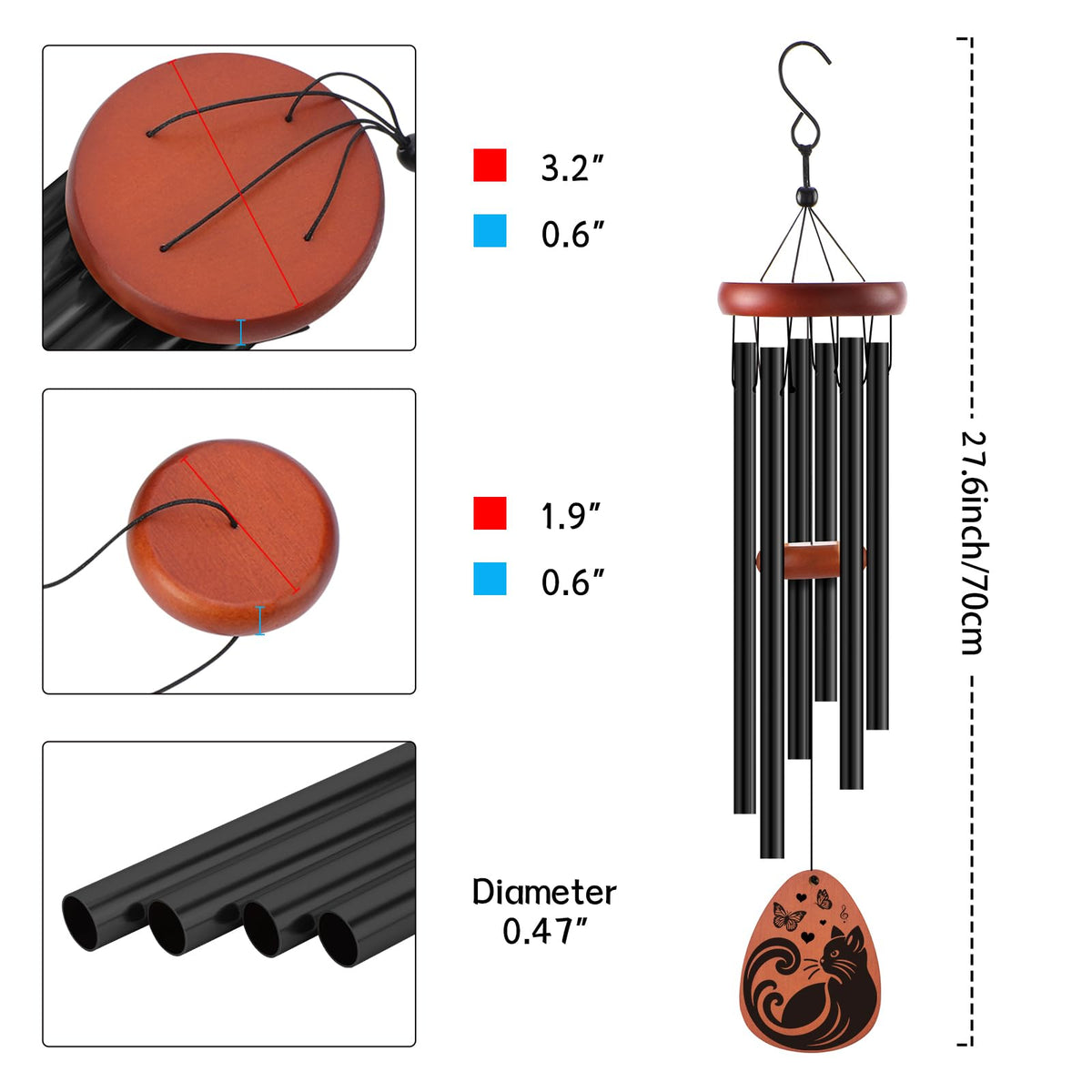 INCOK cat memorial wind chime wooden pendant detail for heartfelt display