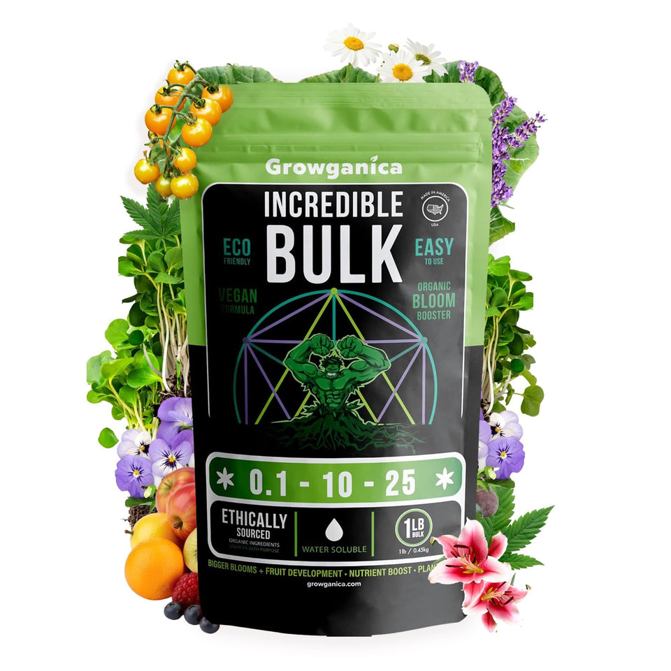 Incredible Bulk Bloom Booster bottle close-up, easy-to-apply for vibrant blooms.