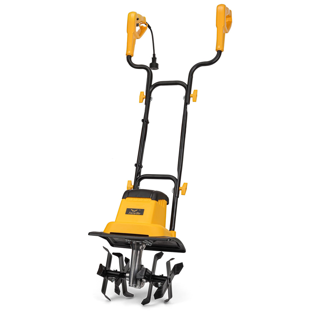 IncwBo 8.5A 12-inch tiller front view shows broad soil coverage for quicker bed prep.