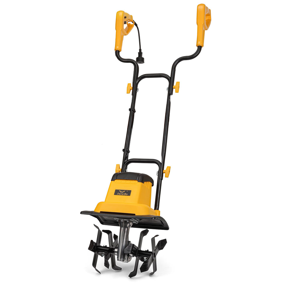 IncwBo 8.5A 12-inch tiller front view shows broad soil coverage for quicker bed prep.