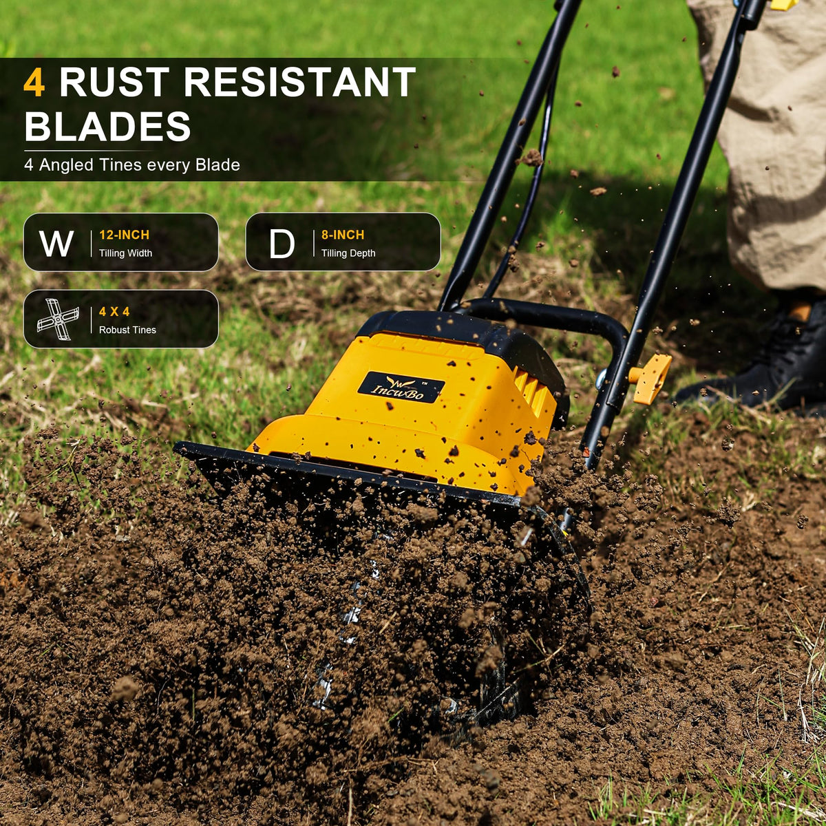 IncwBo 8.5A 12-inch tiller side view highlights lightweight design for easy handling.