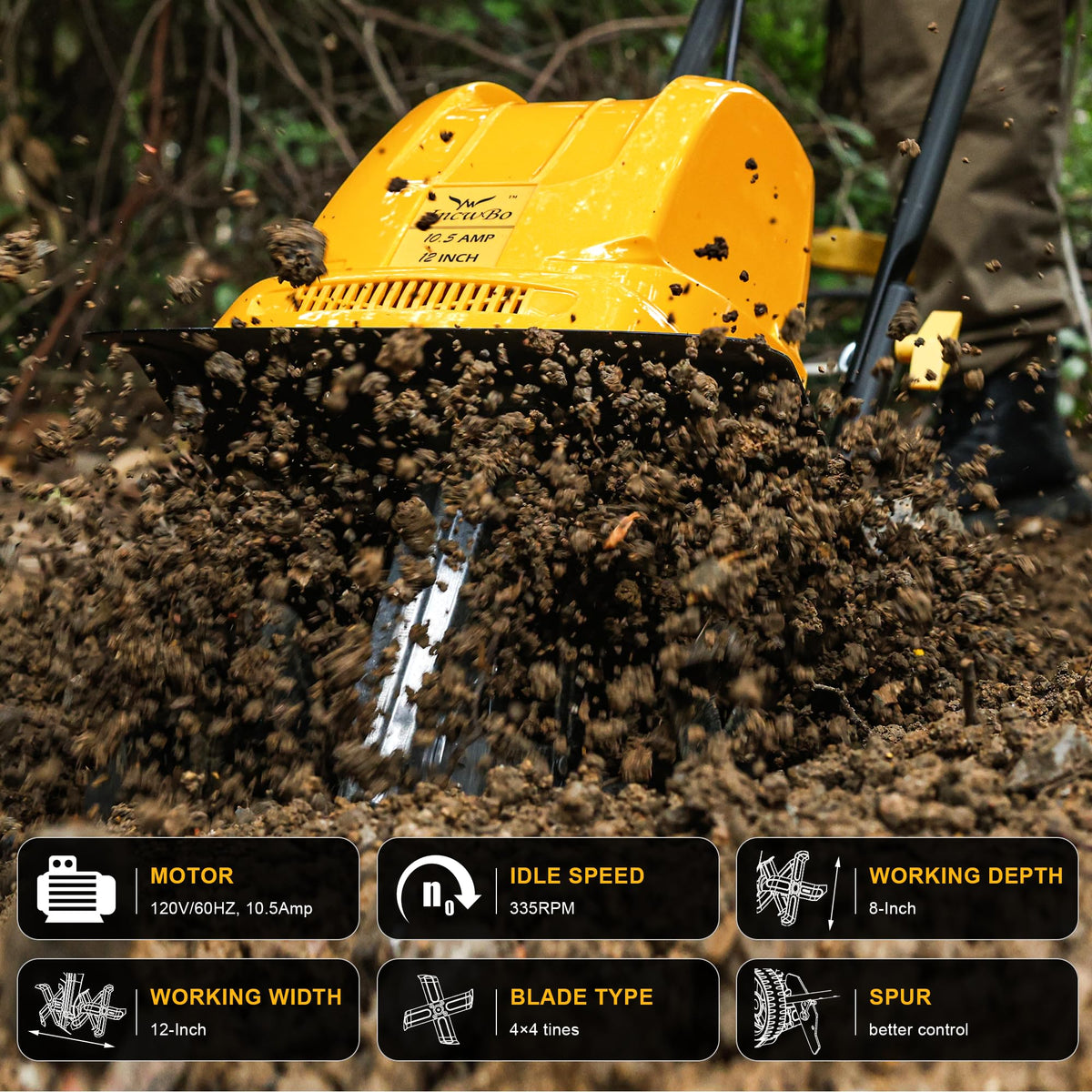 IncwBo electric tiller showing adjustable wheels for easy navigation