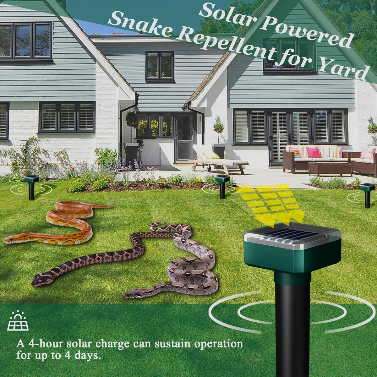 INENNT Snake Away solar stake on a rain-soaked patio proves weatherproof protection.
