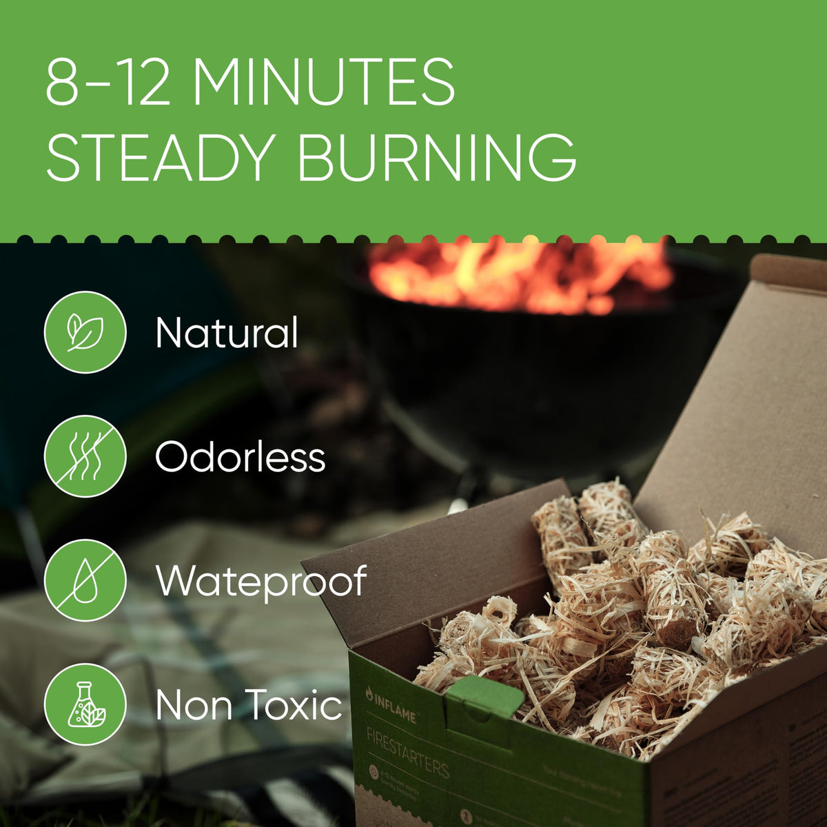 Inflame firestarters igniting under logs for fast, reliable kindling