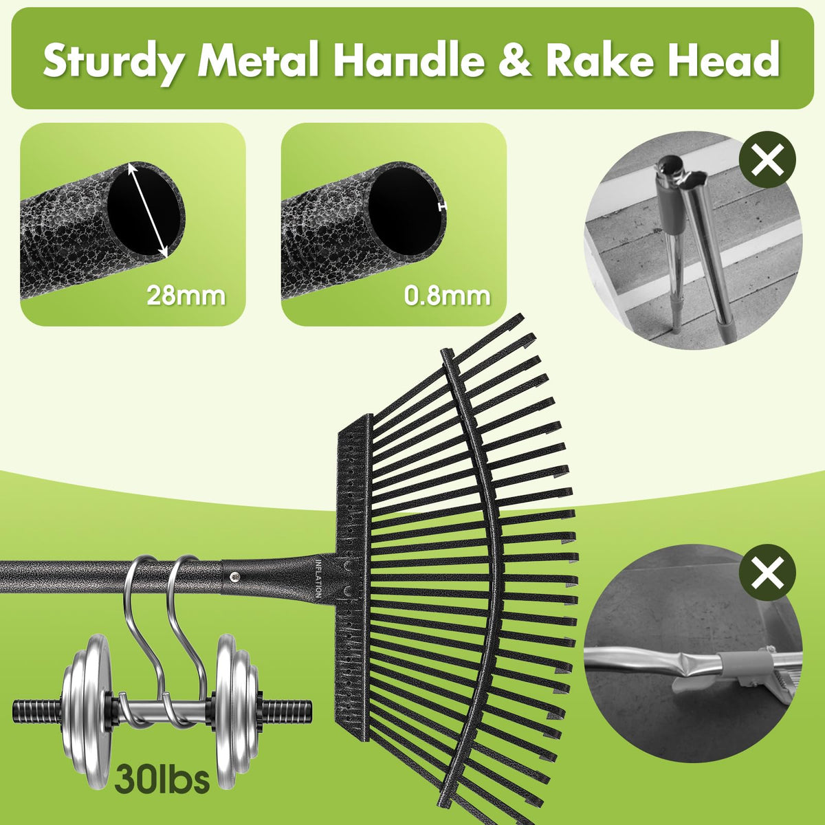 INFLATION easy-to-install rake with simple rod assembly and portable storage.