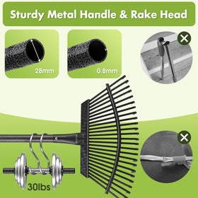 INFLATION easy-to-install rake with simple rod assembly and portable storage.