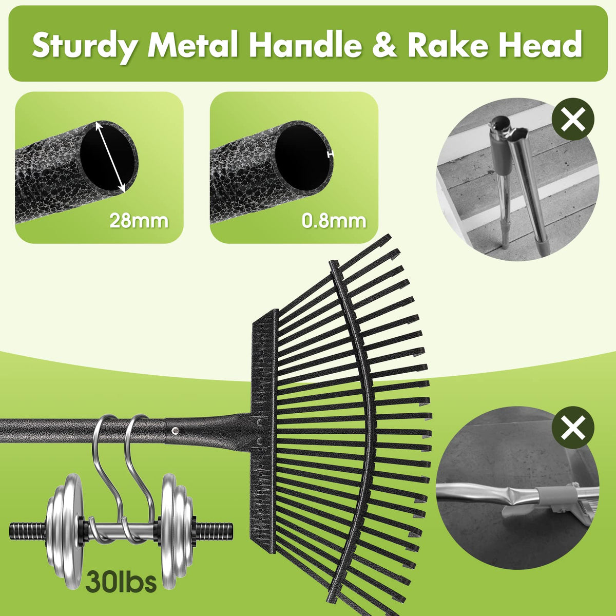 INFLATION 18-inch rake head with 25 metal tines makes debris collection efficient.