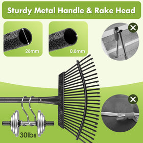 INFLATION 18-inch rake head with 25 metal tines makes debris collection efficient.