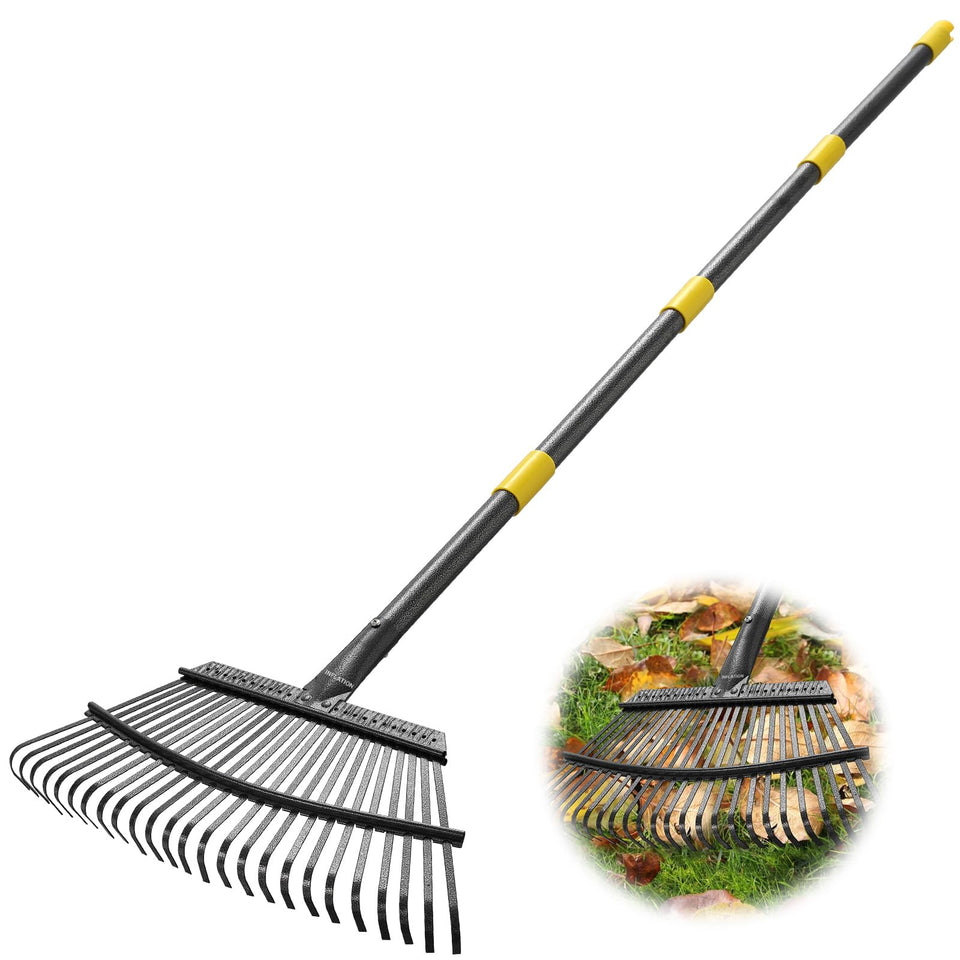 INFLATION heavy-duty leaf rake with 79-inch handle for efficient yard cleanup.