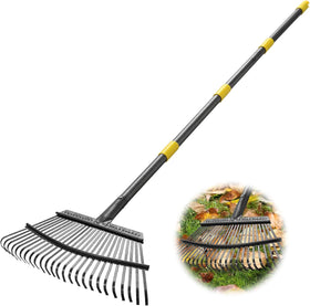 INFLATION heavy-duty leaf rake with 65-inch adjustable handle improves reach for yard cleanup.