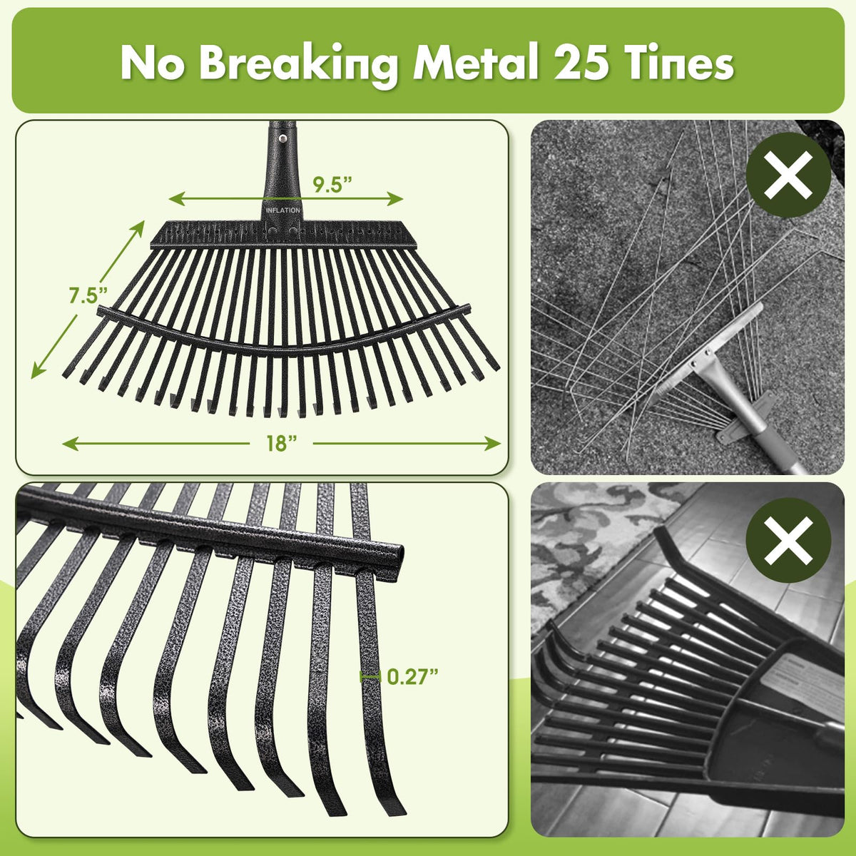 INFLATION 25-tine metal rake perfect for thick leaves and lawn debris.