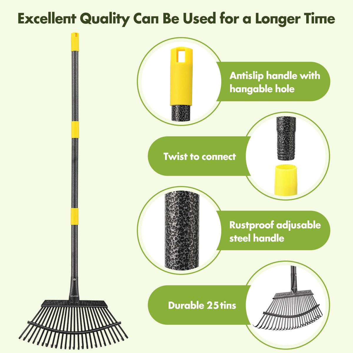 INFLATION versatile rake cleans leaves, grass, mulch across yards and roofs.