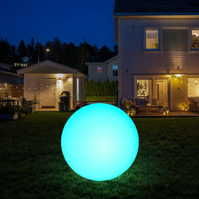 Infray 12-inch LED ball light glows color-changing ambiance for outdoors.