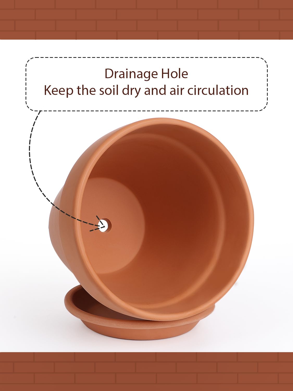 INGOFIN Terracotta Pot with Saucer closeup shows drainage hole and tray