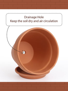 INGOFIN Terracotta Pot with Saucer closeup shows drainage hole and tray