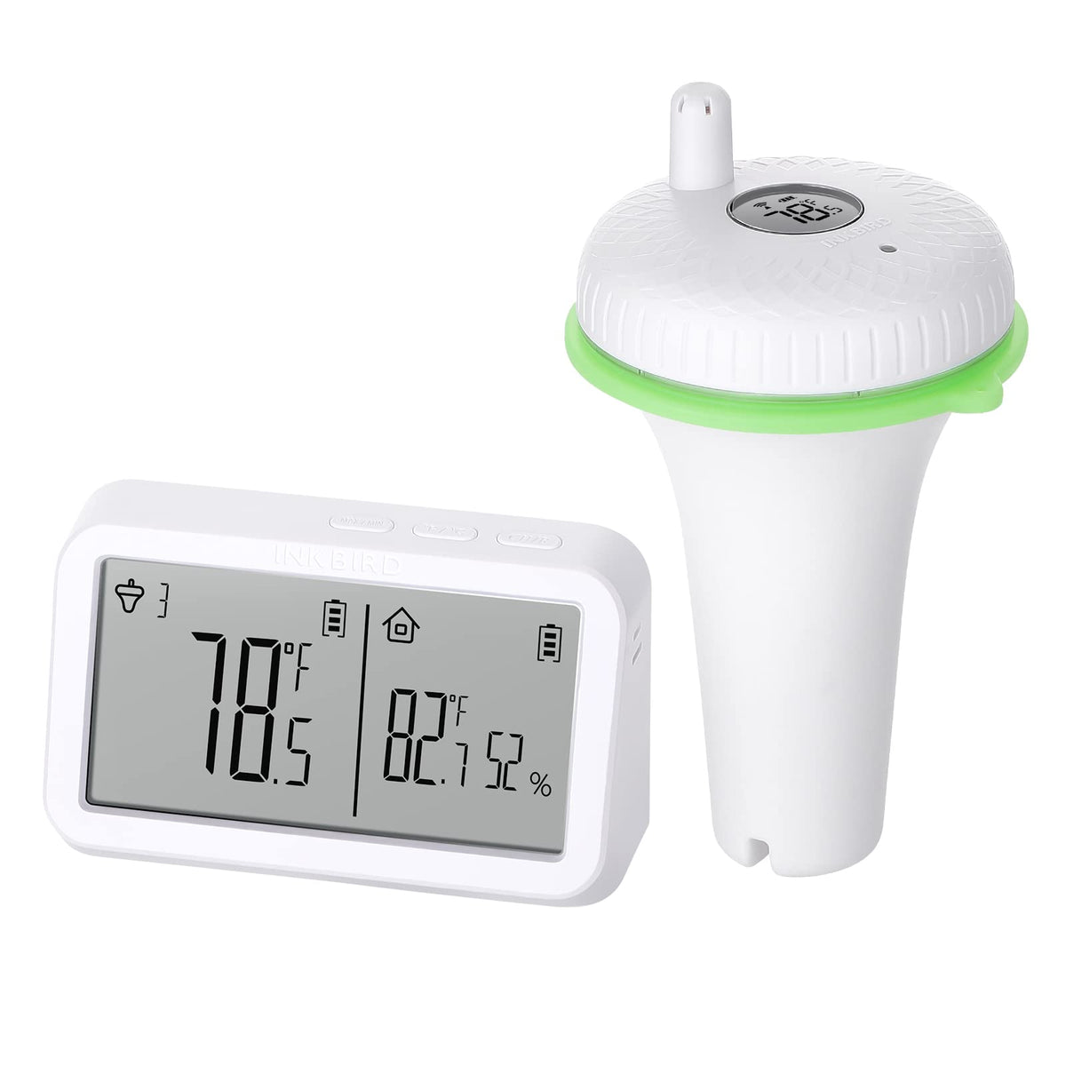 Inkbird IBS-P02R floating thermometer in pool for quick water temperature checks.