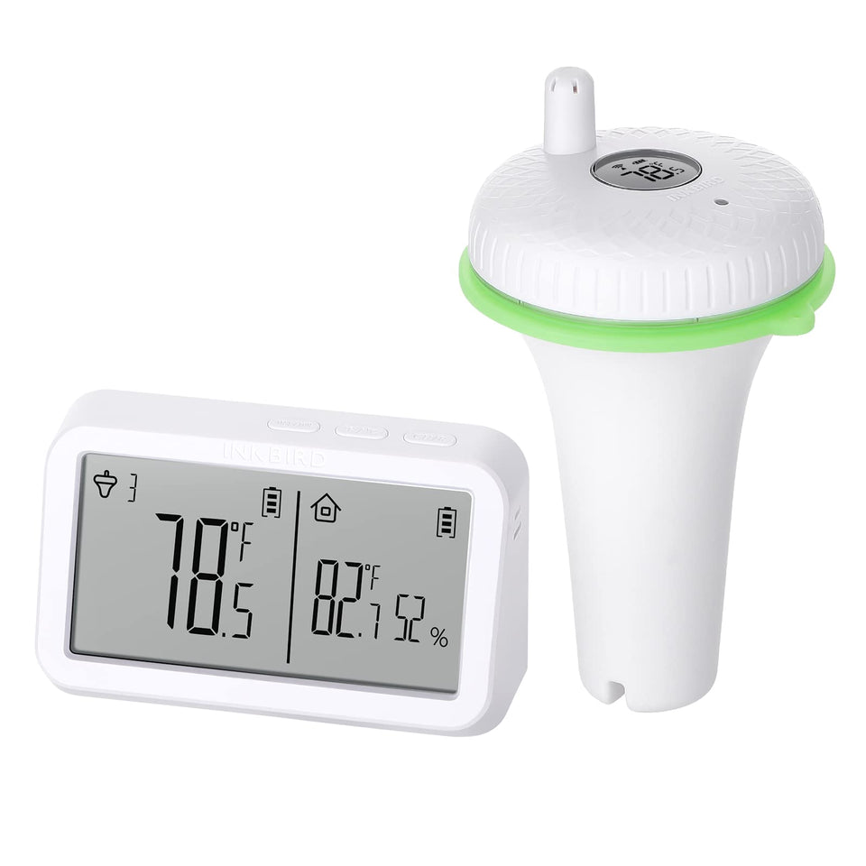 Inkbird IBS-P02R floating thermometer in pool for quick water temperature checks.