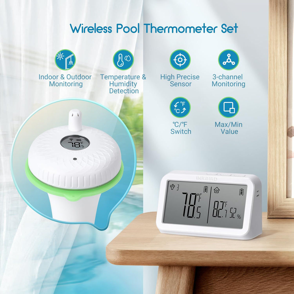 Inkbird IBS-P02R indoor monitor displays indoor humidity and outdoor pool temp.