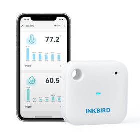 Inkbird IBS-TH3 wireless thermometer-hygrometer displaying live readings.
