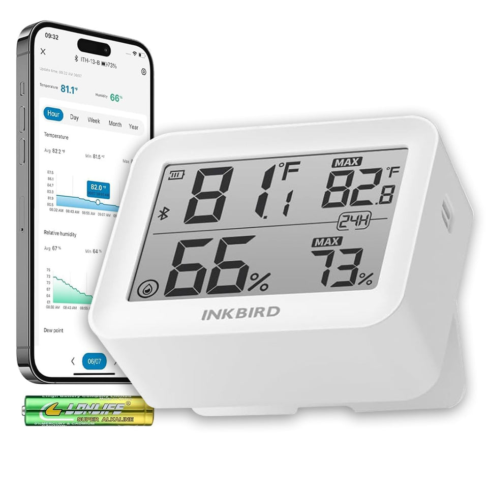 Inkbird ITH-13-B temperature humidity monitor with LCD display for precise home readings and quick checks.