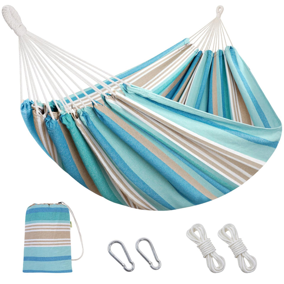 INNO STAGE 2-person hammock blue laid flat for two relaxing in breathable cotton.