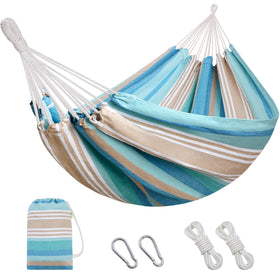 INNO STAGE Brazilian hammock with tree straps, ready for easy outdoor relaxation.
