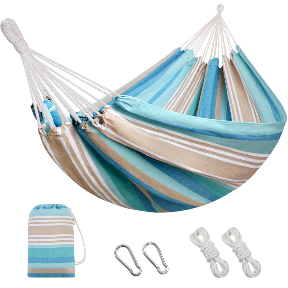 INNO STAGE Brazilian hammock with tree straps, ready for easy outdoor relaxation.