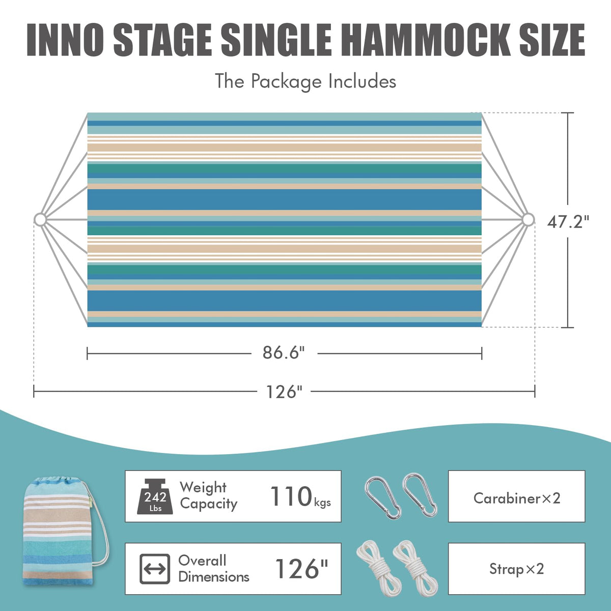 INNO STAGE canvas hammock in blue and green, set for backyard comfort.