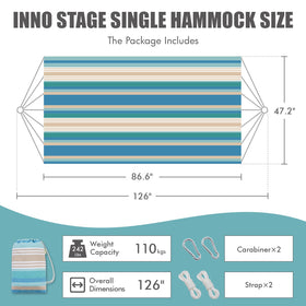 INNO STAGE canvas hammock in blue and green, set for backyard comfort.