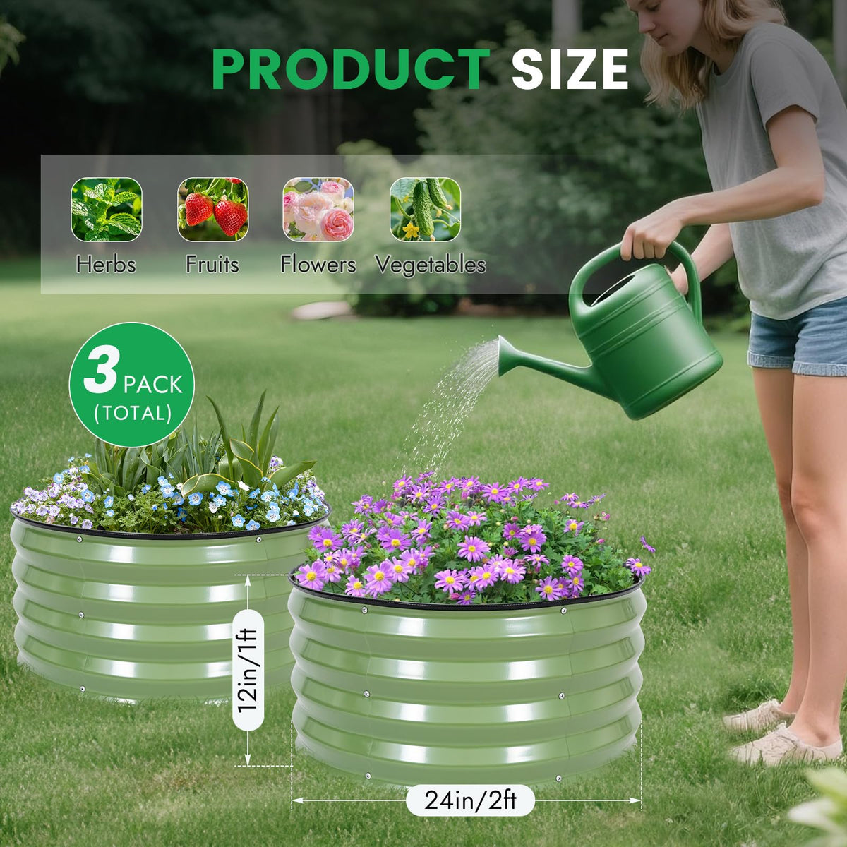 INNO STAGE olive-green round bed shows 2x2x1 ft dimensions for placement