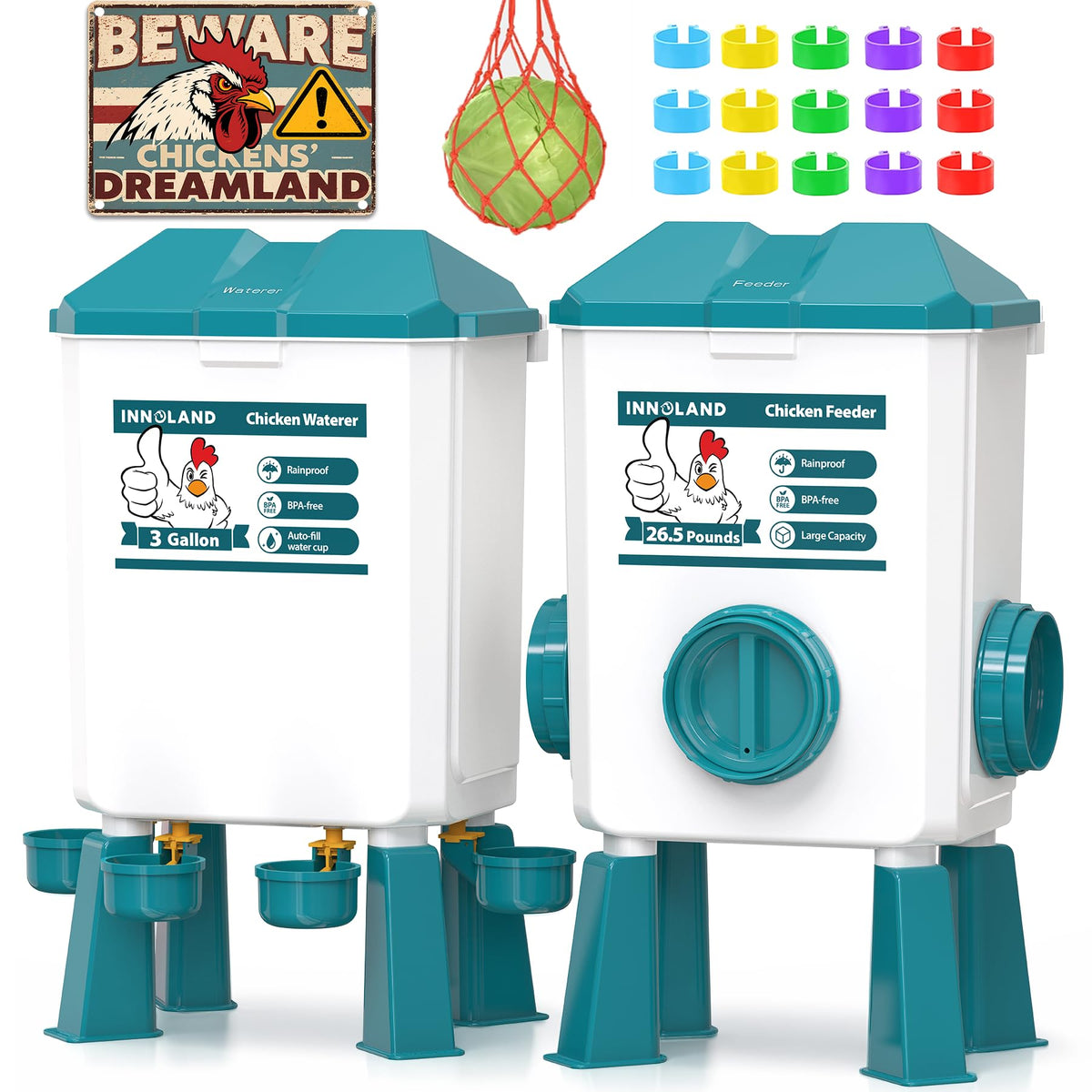 INNOLAND chicken feeder waterer set with 3-gallon capacity and 26.5 lb feeder for multiple birds.