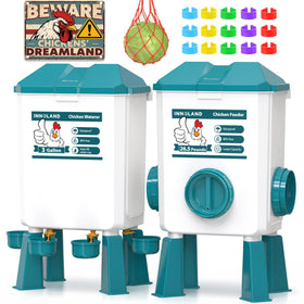 INNOLAND chicken feeder waterer set with 3-gallon capacity and 26.5 lb feeder for multiple birds.
