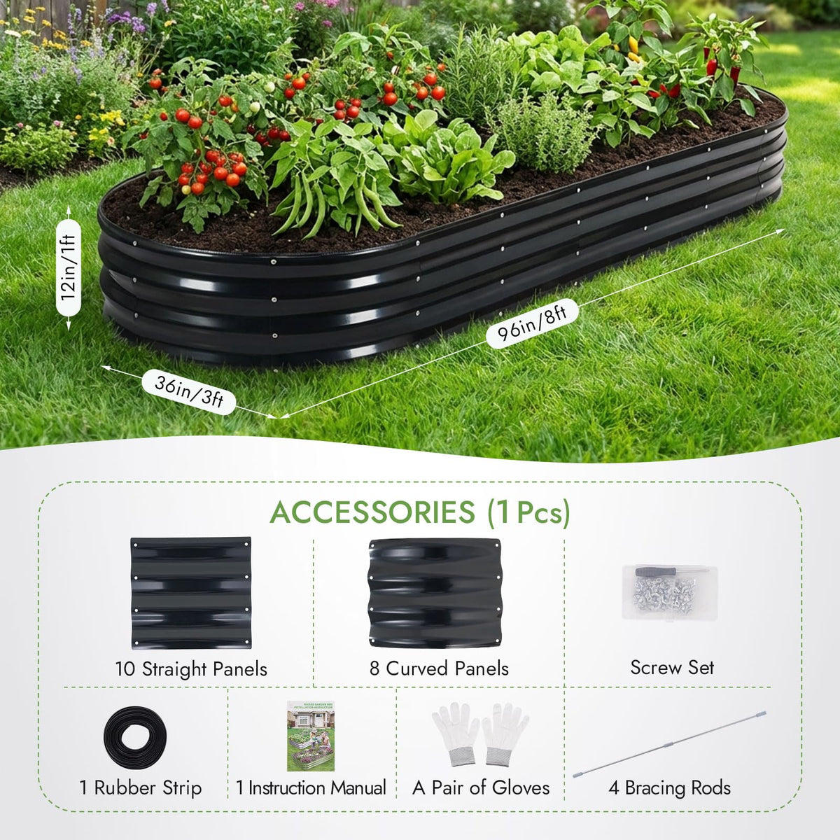 INNO STAGE 8x3x1ft oval bed ideal for herbs, vegetables, and flowers.