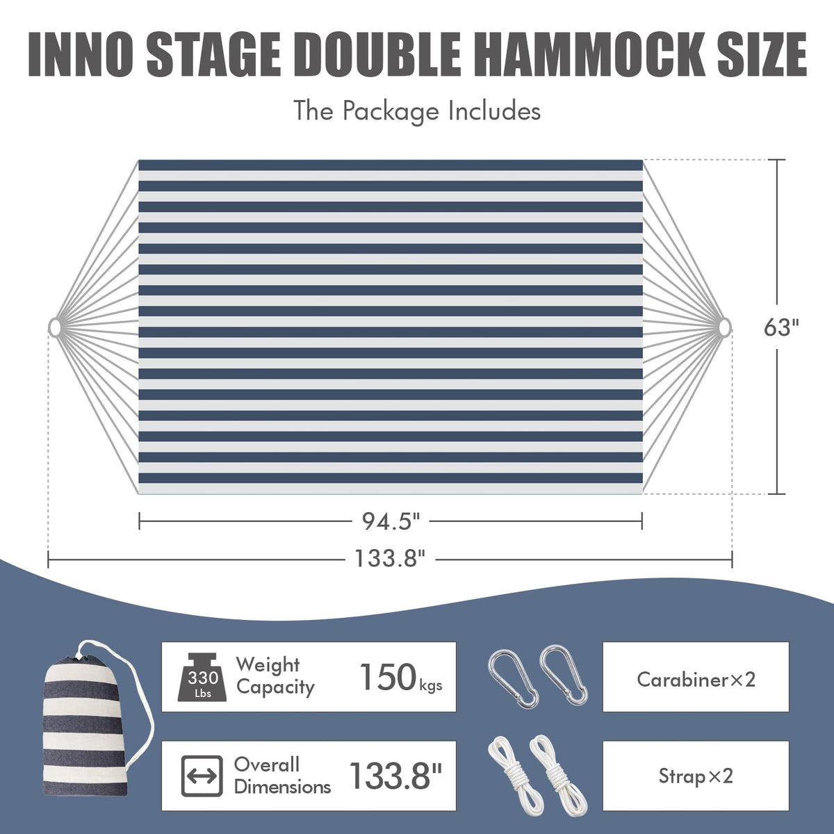 Multi-size hammock bed dimensions show spacious two-person comfort.