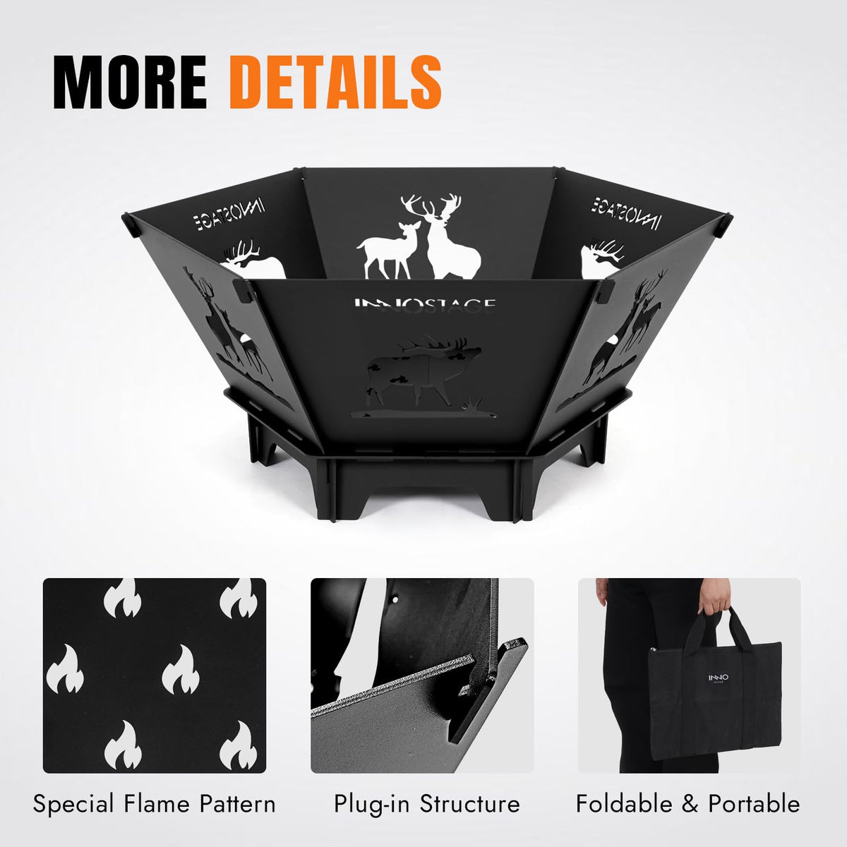 3mm-thick bottom plate and legs provide sturdy support in INNO STAGE Fire Pit.