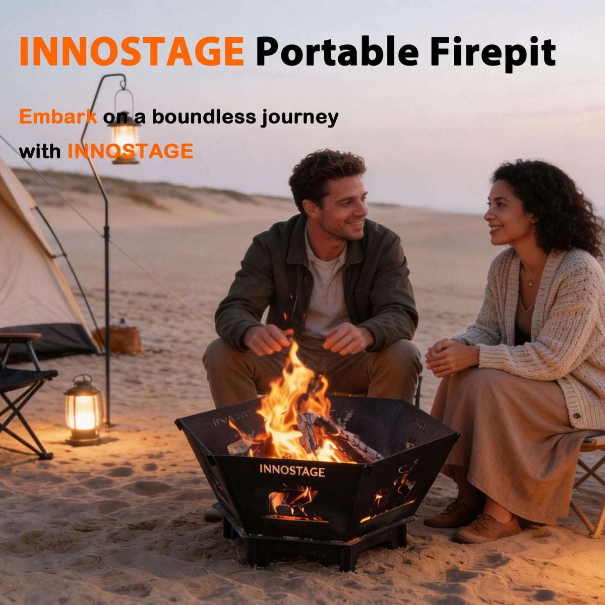 Dancing flames visible through deer-pattern panels on the INNO STAGE Fire Pit.