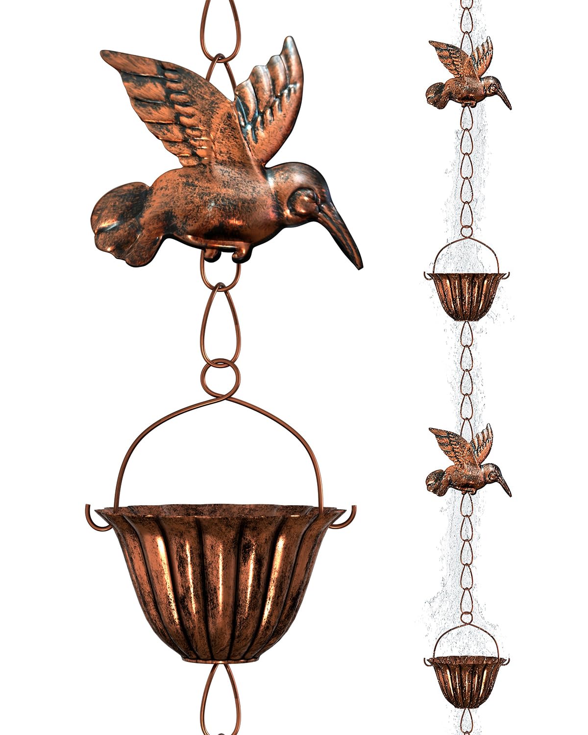 INNOWARMER rain chain with six cups and hummingbirds streams rain gracefully, enhancing garden charm.