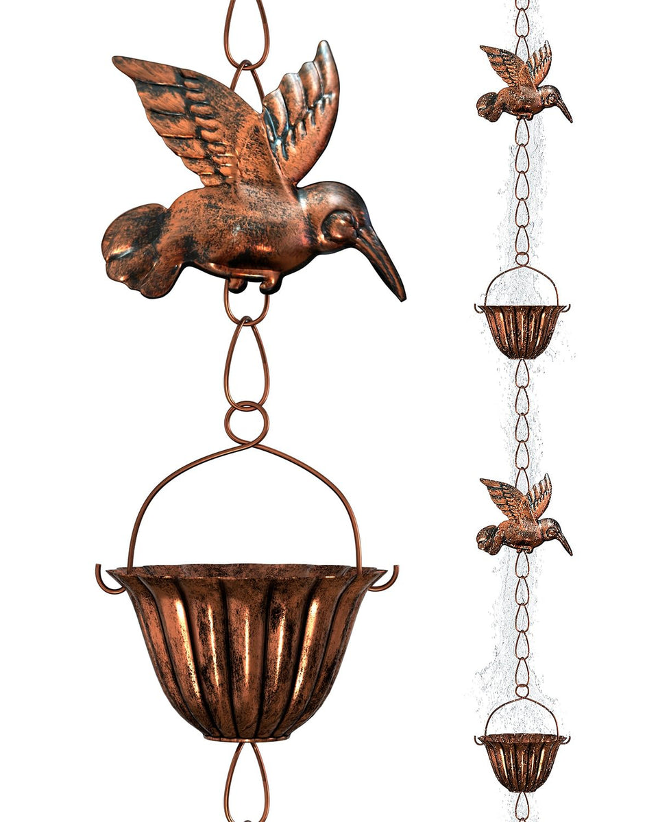 INNOWARMER rain chain with six cups and hummingbirds streams rain gracefully, enhancing garden charm.