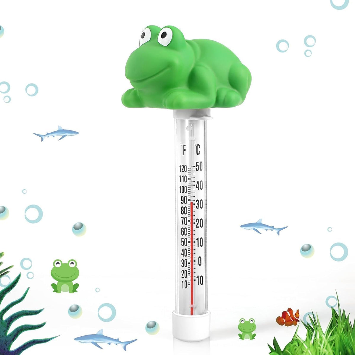 Inpool frog thermometer readout shows Fahrenheit and Celsius for accurate pool temp